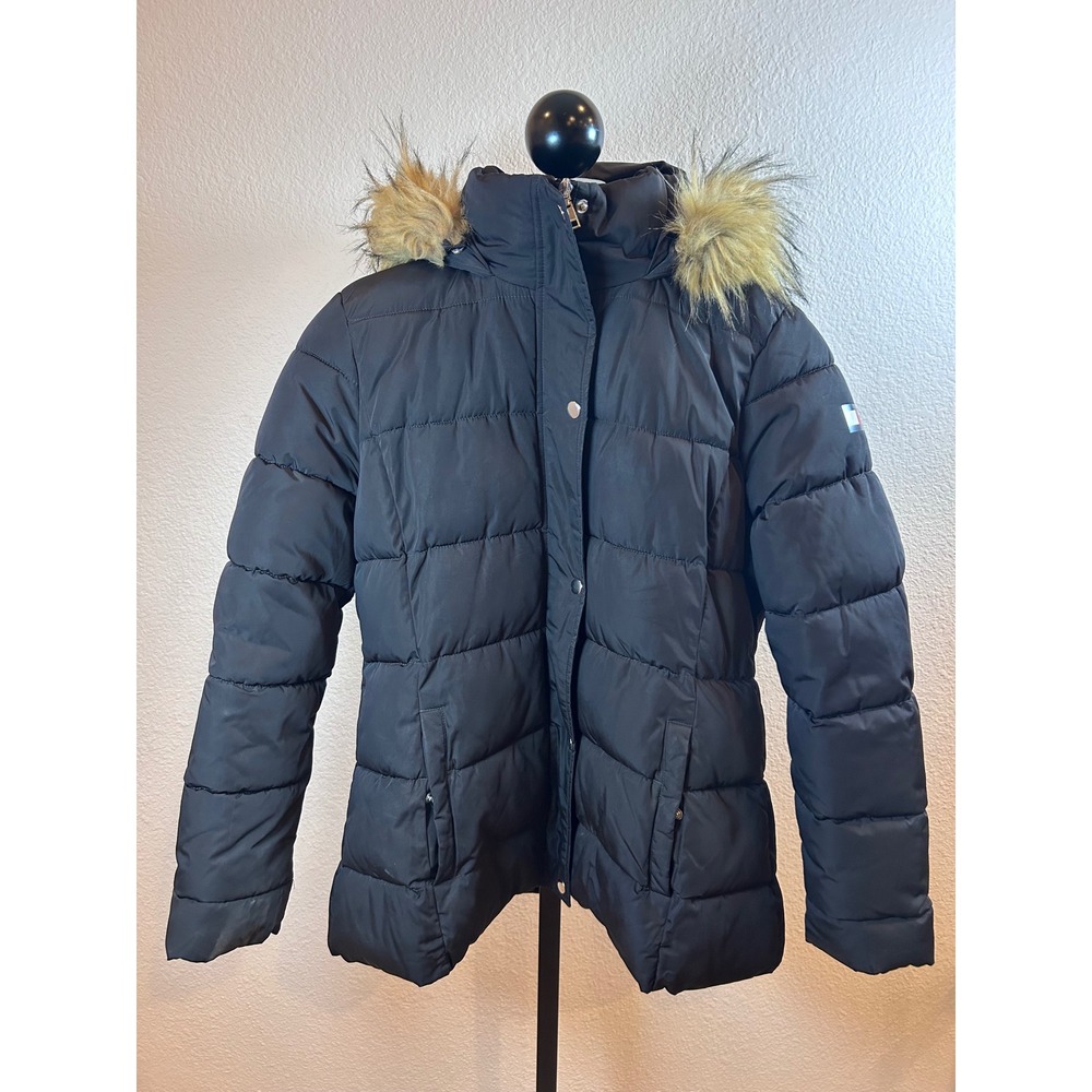 Tommy Hilfiger Womens Black Faux Fur Trim Hooded Puffer Jacket Large RN54163